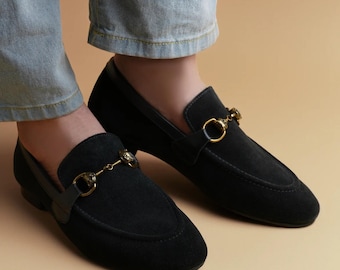 Men's Black Suede Leather Loafers, Gold Bit Detail Slip-On Dress Shoes