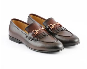 Handmade Brown Leather Kiltie Loafers | Luxury Horsebit Slip-On Men's Dress Shoes