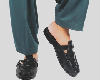 Handgefertigte echte schwarze Leder Mule Loafers Herren, rückenfreier Slip-on für Herren, Schnallenschuhe