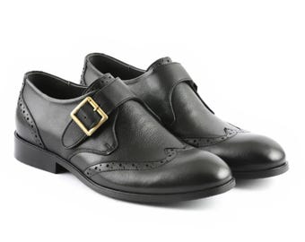 Handmade Black Wingtip Monk Shoe, Brogue Dress Shoes, Leather Buckle Shoes