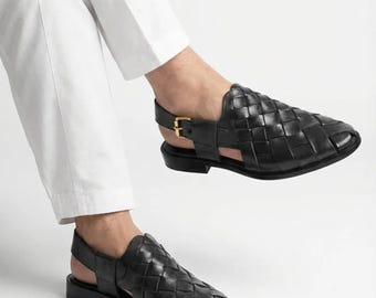 Handgjorda läder Peshavari Chappal - Traditionella herrsandaler, handgjorda lägenheter