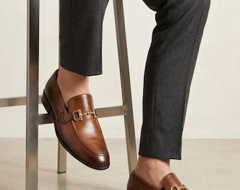 Mocassini da uomo in pelle marrone chiaro con morsetto, realizzati a mano – Scarpe eleganti di lusso senza lacci
