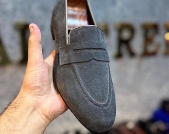 Zapatos de vestir formales de oficina hechos a mano, de ante gris, sin cordones, para hombre