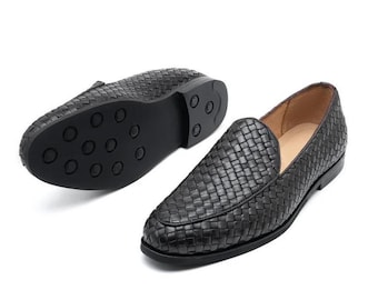 Handgefertigte gewebte schwarze Leder Loafers: Herren Luxuseschuhe