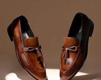 Handmade Brown Leather Tassel Loafers for Men | Classic Formal Dress Shoes