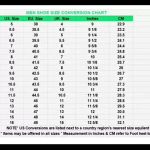 Men’s shoe size conversion chart showing US, UK, EU sizes with inches and CM measurements for accurate handmade leather shoe sizing guide.