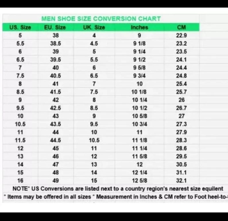 Men’s shoe size conversion chart showing US, UK, EU sizes with inches and CM measurements for accurate handmade leather shoe sizing guide.
