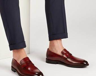 Handmade Men's Red Leather Penny Loafers Shoes