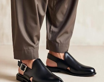 Sandalias Peshawari de cuero negro hechas a mano / Chappal paquistaní