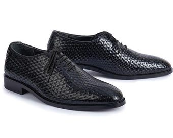 Zapatos Oxford de cuero negro tejidos a mano para hombre – Elegantes zapatos de vestir con cordones trenzados