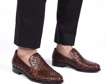 Handmade Woven Leather Loafers, Men's Formal Dress Shoes