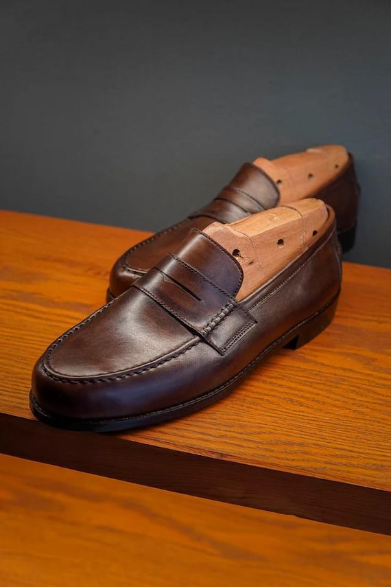 Handmade Brown Leather Penny Loafers Men Slip On Dress Shoes Made to Order