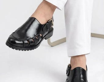 Handgjorda Peshavari-sandaler i svart läder | Pakistanska Chappal