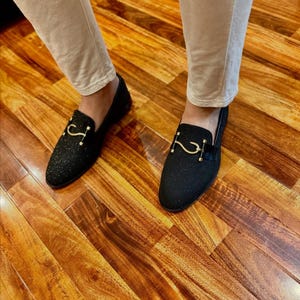 Stylish men’s party loafers with glitter finish and gold hardware perfect for wedding, prom, and evening wear.