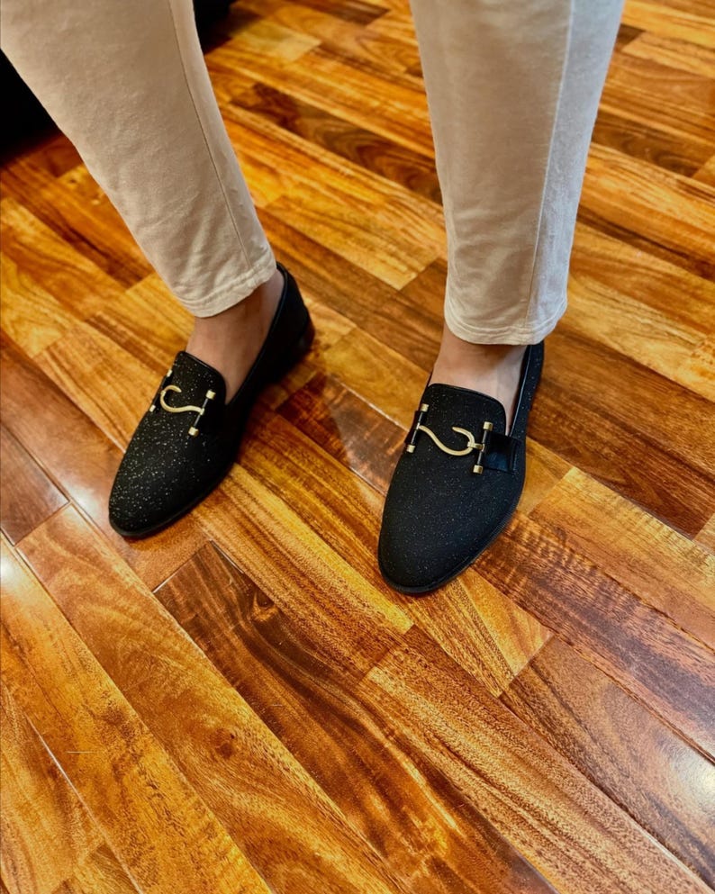 Stylish men’s party loafers with glitter finish and gold hardware perfect for wedding, prom, and evening wear.