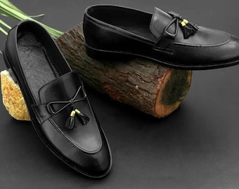Men's Genuine Handmade Leather Shoe Black Loafer Tasseled Formal Dress Shoes