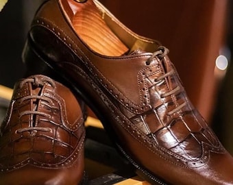 Zapatos de cuero hechos a mano, estilo brogue con puntera de ala, color marrón, Oxford, con cordones, para ocasiones formales.