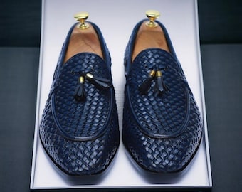 Handmade Blue Woven Leather Loafers || Men's Bespoke Slip-Ons