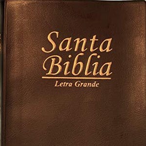 Może przedstawiać: Brązowa książka w skórzanej oprawie z tytułem "Santa Biblia" złotymi literami. Słowa "Letra Grande" znajdują się pod tytułem. Książka ma teksturowany wygląd.