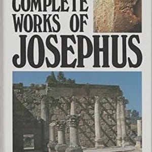 May include: A book cover with the title "THE COMPLETE WORKS OF JOSEPHUS" in large black letters. Below the title is the name "Flavius Josephus" in red. The cover includes images of ancient ruins and a stone wall.