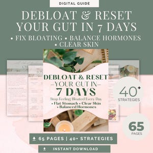 May include: A digital guide titled "DEBLOAT & RESET YOUR GUT IN 7 DAYS" is shown, promising to fix bloating, balance hormones, and clear skin. The cover image includes a notebook, plants, and a candle. The guide contains 65 pages and over 40 strategies.