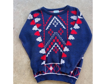 Brunny Vintage Geometric Knit Sweater Made In USA Red White & Blue Pattern Size M Y3