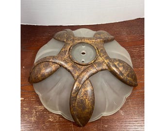 Vintage MCM Frosted Glass Flush Mount Light Fixture With Antique Brass Finish 13"