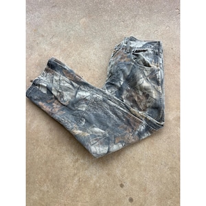 Vintage Wrangler dubbele knie heren echte boom camouflage jeans 32 x 30 jachtbroek E4 afbeelding 1