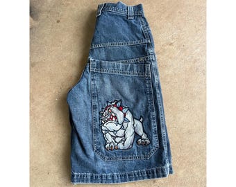 JNCO Jeans Vintage Denim Shorts Bulldog Embroidery Mens Size 36 Blue Wide-Leg B4