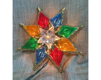 Vintage Multicolor Lighted Star Christmas Tree Topper Gold Accents 8-Point Design Y3