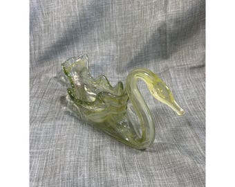 Vintage handgeblazen glazen zwaan decoratieve kom 13" geel en helder elegant kunstglasaccent