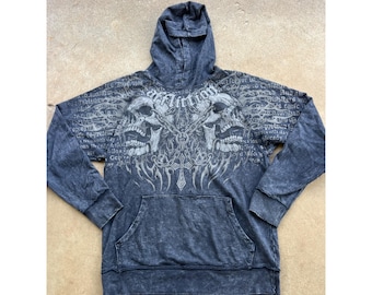 Vintage Y2K Affliction Mens Graphic Hoodie With Skull & Cross Design Washed Black Size L L3