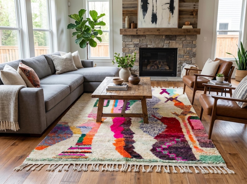 May include: A rectangular area rug featuring a cream-colored base with an abstract pattern of vibrant, multi-colored shapes in shades of hot pink, orange, purple, and teal, finished with a knotted fringe along the shorter edges.