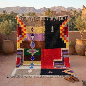 Patchwork Moroccan Boujaad Rug, Red Black Purple Beni Ourain Wool Carpet, Handmade Berber Shag Tribal Motifs, Boho Global Room, Custom Size