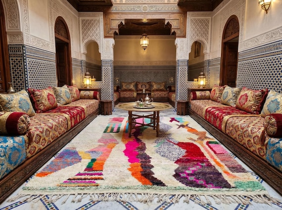 Colorful Moroccan Area Rug Ivory – Abstract Multicolor Wool Shag Berber Carpet, Boho Living Room Rug