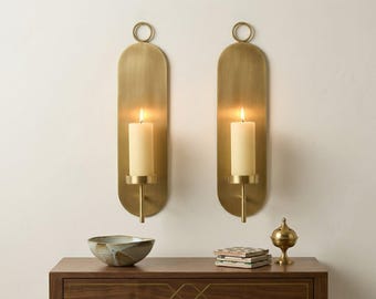 Set of 2 Brass Wall Sconces, Gold Candle Holder Pair, Modern Pillar Candle Sconce, Art Deco Wall Decor, Handmade Brass, Living Room Decor