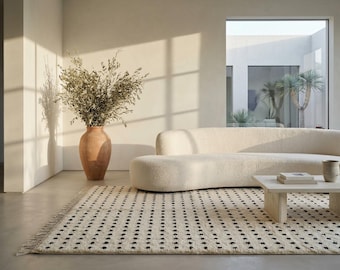 Authentic Handwoven Beni Ourain Wool Rug, Black Polka Dot Cream Berber Carpet