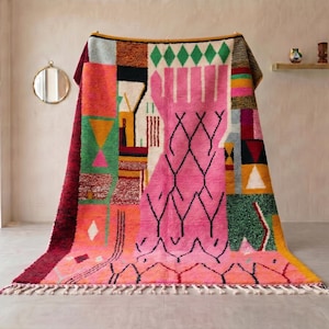 Colorful Boujaad Moroccan Rug – Handmade Berber Wool Shag Carpet, Pink Patchwork Abstract Boho Custom Area Rug Living Room