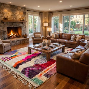 May include: A large rectangular area rug featuring a vibrant, multi-colored geometric pattern with shades of hot pink, orange, purple, and teal on a cream background, finished with knotted fringe edges, positioned in a living room with leather sofas.