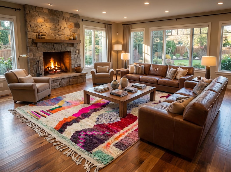 May include: A large rectangular area rug featuring a vibrant, multi-colored geometric pattern with shades of hot pink, orange, purple, and teal on a cream background, finished with knotted fringe edges, positioned in a living room with leather sofas.