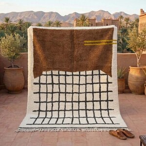 Chocolate Brown Grid Moroccan Rug, Stacked Block Beni Ourain Wool Carpet, Handmade Berber Shag Cream Check, Earthy Modern Bedroom, Custom