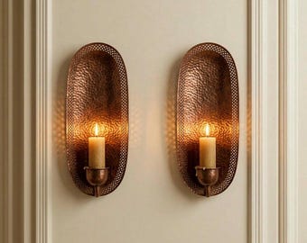 Set of 2 Copper Wall Sconces, Antique Hammered Copper Candle Holder, Moroccan Wall Decor, Rustic Sconce Pair, Handmade Pillar Candle Holder