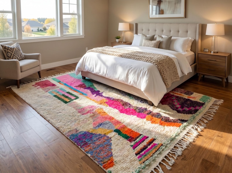 May include: A rectangular area rug featuring a cream-colored base with an abstract pattern of vibrant geometric shapes in shades of hot pink, orange, teal, purple, and blue. The rug has a thick, textured pile and includes fringe along the edges.