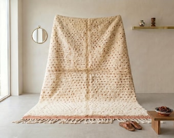 Cream Polka Dot Beni Ourain Rug – Handwoven Wool Berber Carpet, Ivory Rust Minimalist Custom Bedroom Living Room Area Rug