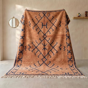 Terracotta Boujaad Rug – Navy Tribal Diamond Pattern, Handmade Berber Wool Shag Living Room Carpet