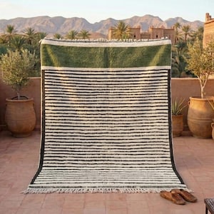 Olive Green Black Stripe Moroccan Rug, Modern Beni Ourain Wool Carpet, Handmade Berber Shag Ivory Lines, Minimal Japandi Bedroom, Custom