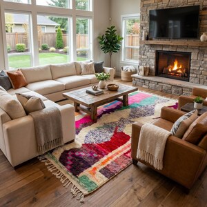 Colorful Moroccan Area Rug Ivory – Abstract Multicolor Wool Shag Berber Carpet, Boho Living Room Rug image 8