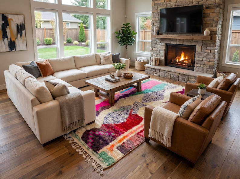 Colorful Moroccan Area Rug Ivory – Abstract Multicolor Wool Shag Berber Carpet, Boho Living Room Rug image 8