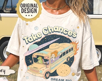 Magic School Bus Miss Frizzle Inspired Vintage Graphic T-Shirt, Take Chances Dream Big Inspirational Grade School Teacher Tee, Retro Y2K Tee