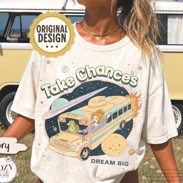 Magic School Bus Miss Frizzle Inspired Vintage Graphic T-Shirt, Take Chances Dream Big Inspirational Grade School Teacher Tee, Retro Y2K Tee